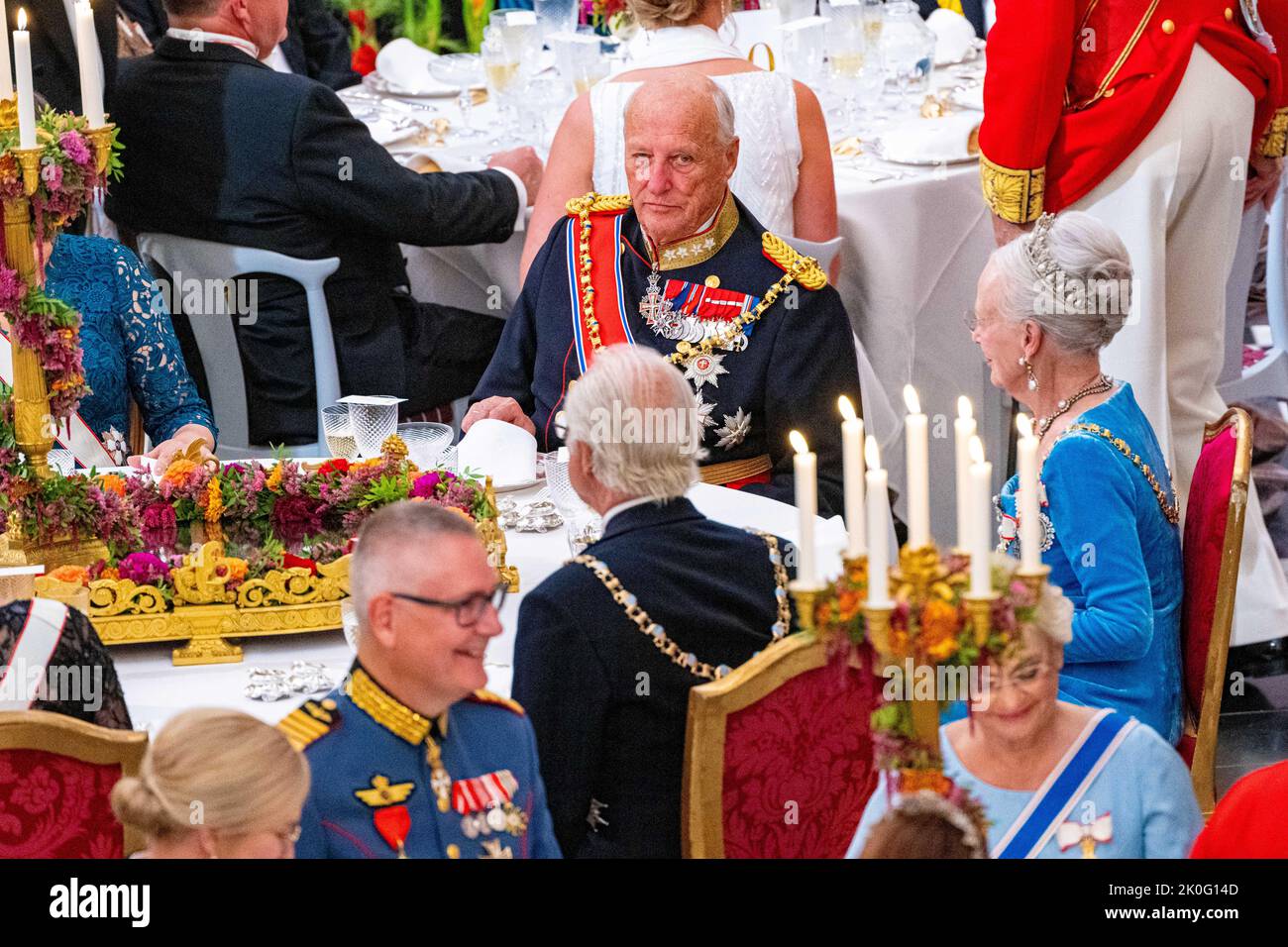 Queen Margrethe II of Denmark and King Harald V of Norway attending a