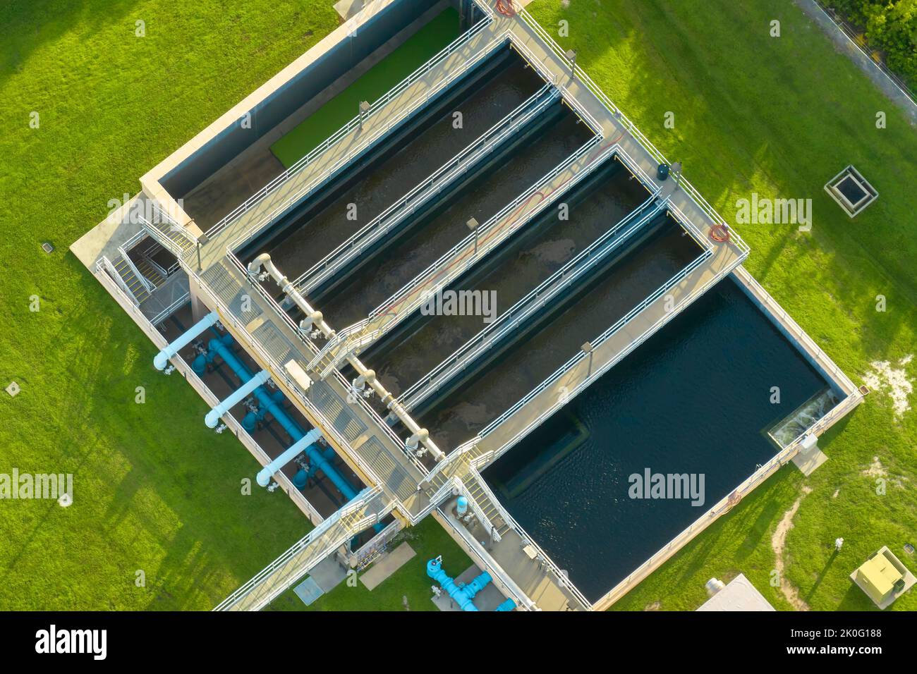Aerial view of modern water cleaning facility at urban wastewater