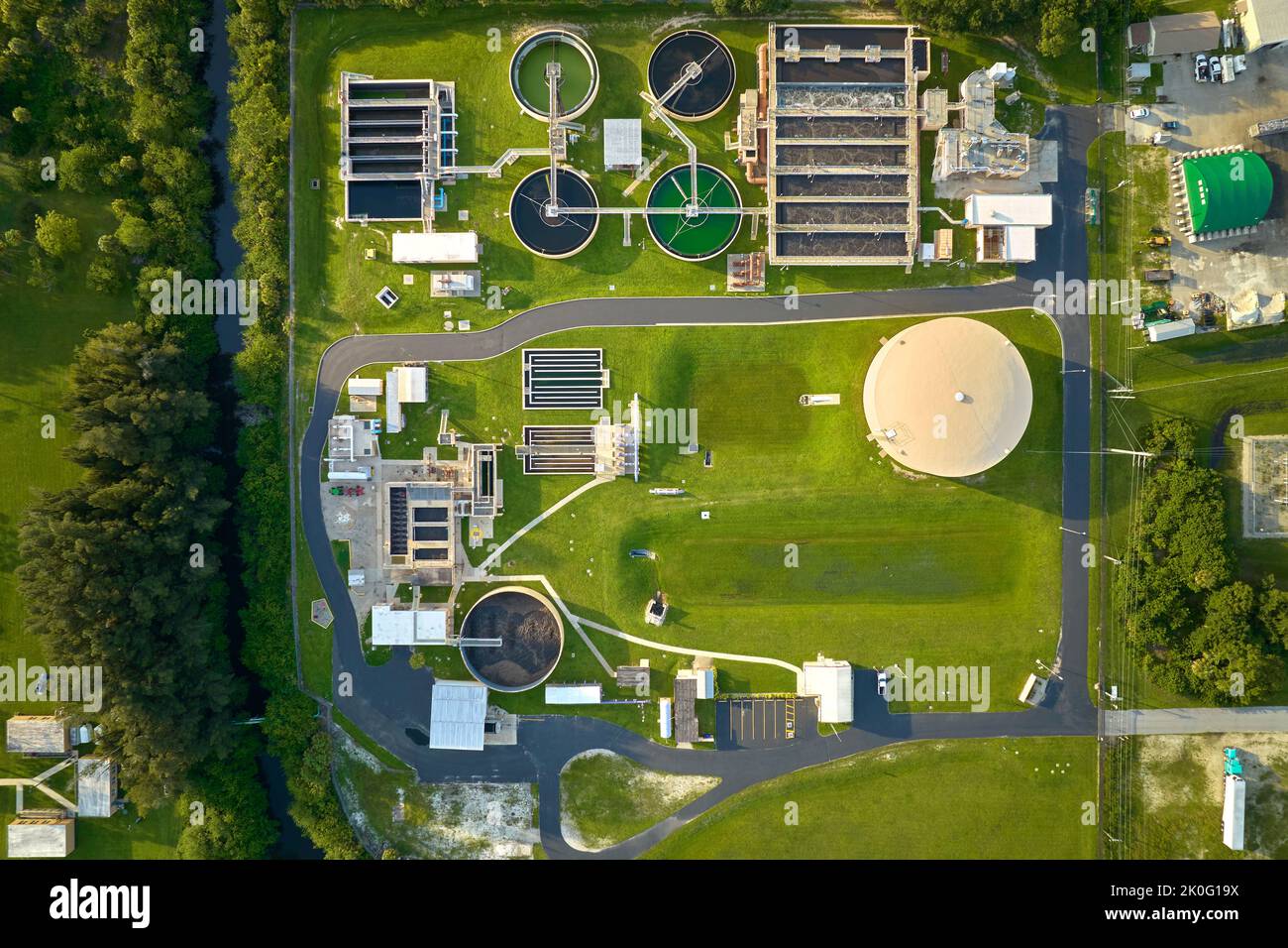 Aerial view of modern water cleaning facility at urban wastewater