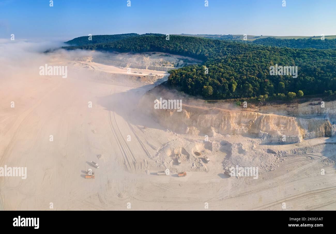 Aerial view of open pit mining of limestone materials for construction