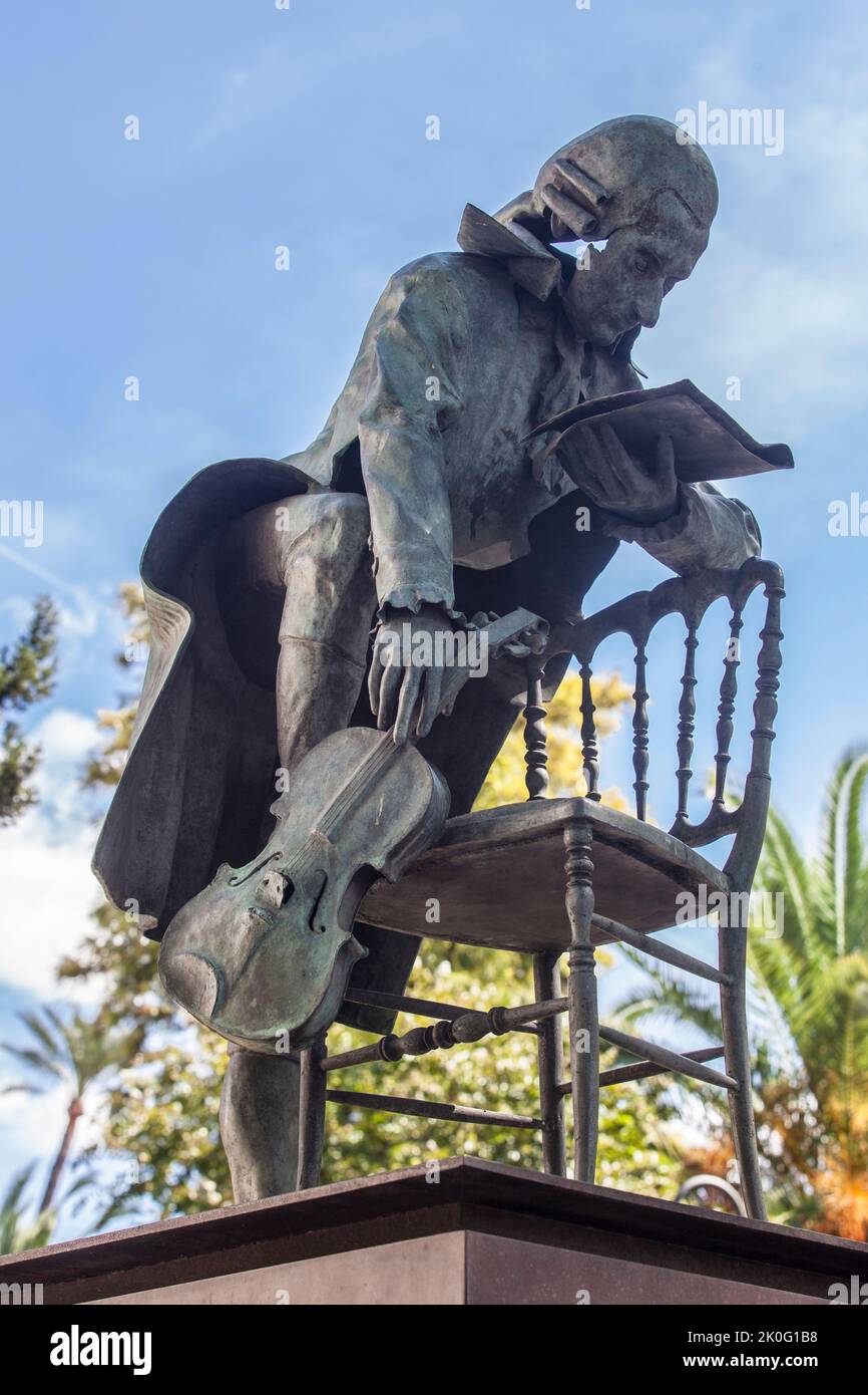Seville, Spain - Sept 27th, 2020: Mozart sculpture, Seville, Spain. Placed beside Maestranza Theater, Rolando Campos sculpter Stock Photo