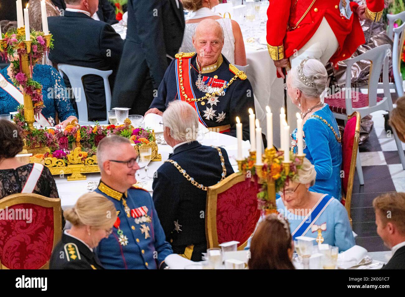 Queen Margrethe II of Denmark and King Harald V of Norway attending a