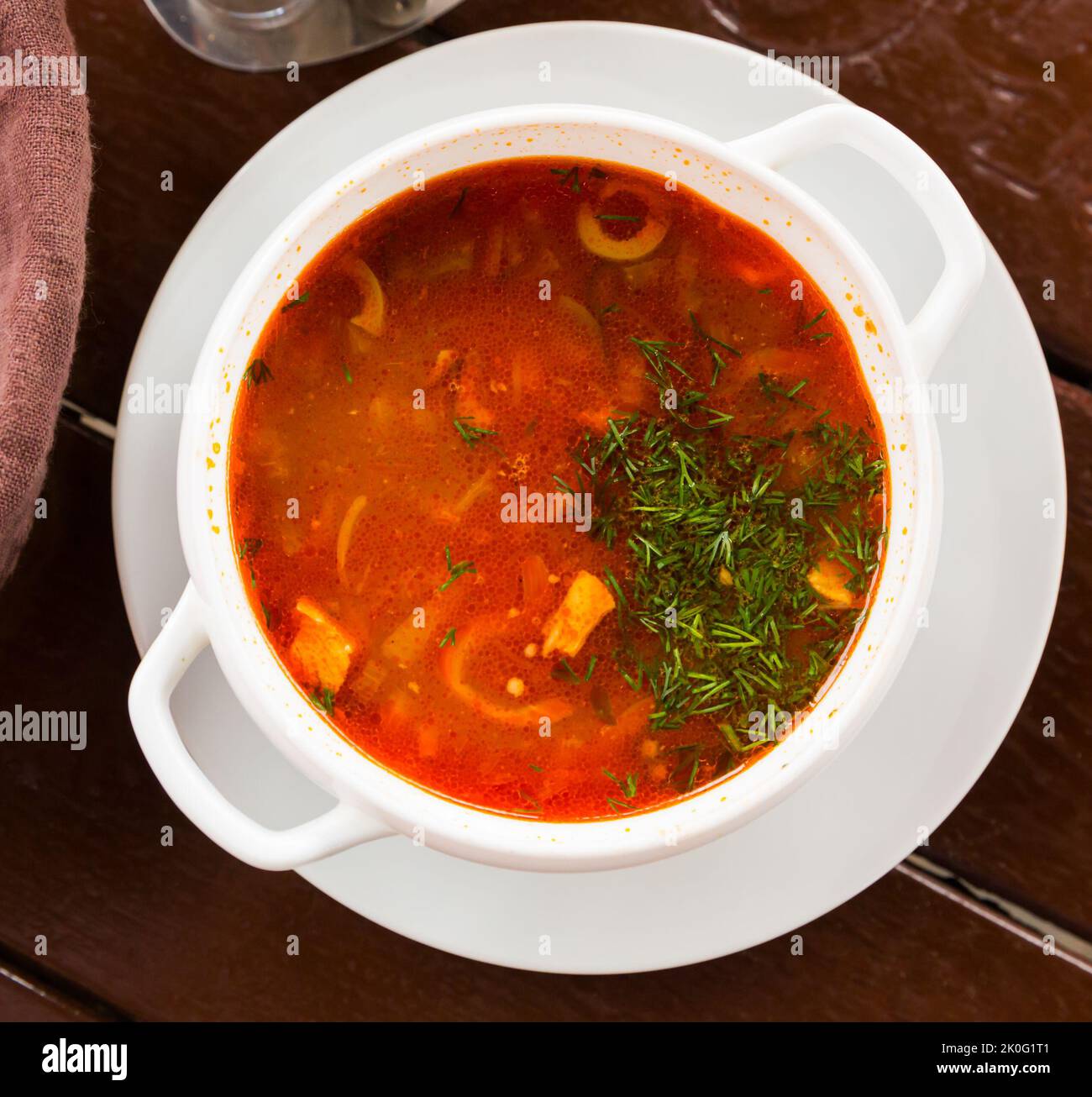 Russian cuisine - solyanka soup with various ingredients Stock Photo