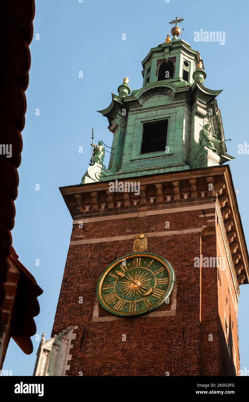Cathedral Clock tower and Baroque dome at Wawel Royal Castle in Krakow
