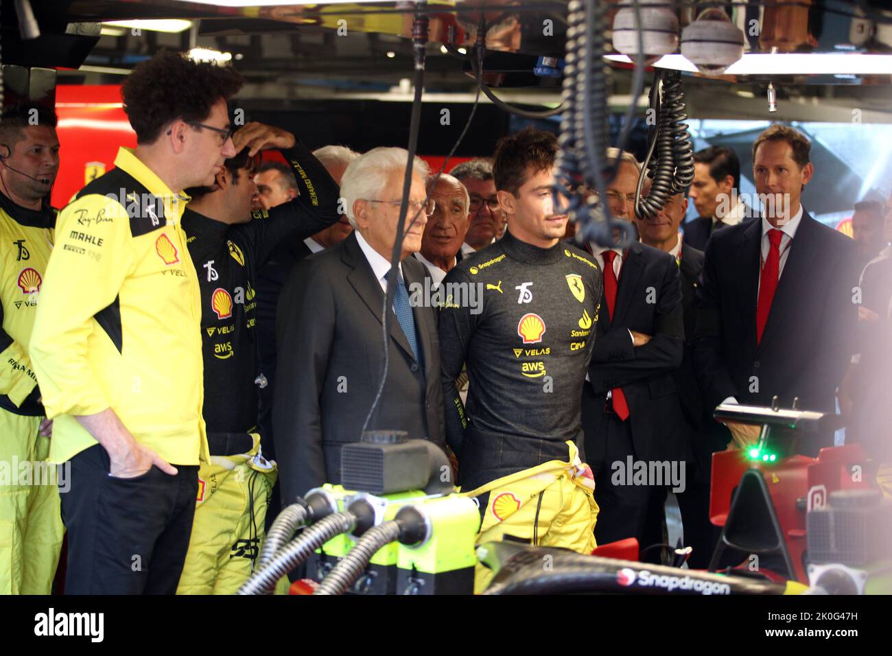 Monza, Italy. 11th Sep, 2022. MONZA, Italy, 11. September 2022; The President of the Italian Republic Sergio Mattarella visited the Ferrari F1 Garage to meet Charles LECLERC and has been guest of John ELKAN, Parco di Monza, Autodromo, Formula One, F1, Italian Grand Prix, Grosser Preis von Italien, GP d'Italie, Motorsport, Formel1, -Honorarpflichtiges Foto, Fee liable image, Copyright © Arthur THILL /ATP images Credit: SPP Sport Press Photo. /Alamy Live News Stock Photo