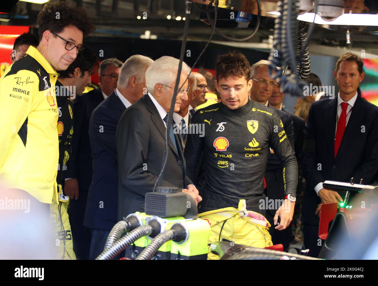 Monza, Italy. 11th Sep, 2022. MONZA, Italy, 11. September 2022; The President of the Italian Republic Sergio Mattarella visited the Ferrari F1 Garage to meet Charles LECLERC and has been guest of John ELKAN, Parco di Monza, Autodromo, Formula One, F1, Italian Grand Prix, Grosser Preis von Italien, GP d'Italie, Motorsport, Formel1, -Honorarpflichtiges Foto, Fee liable image, Copyright © Arthur THILL /ATP images Credit: SPP Sport Press Photo. /Alamy Live News Stock Photo