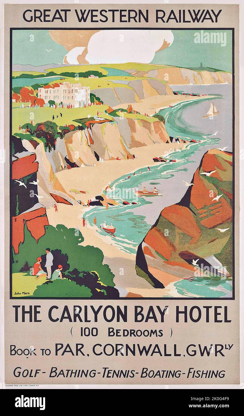 Vintage travel poster by John Edmund Mace (1889-1952) - THE CARLYON BAY HOTEL, PAR, CORNWALL, 1925 Stock Photo