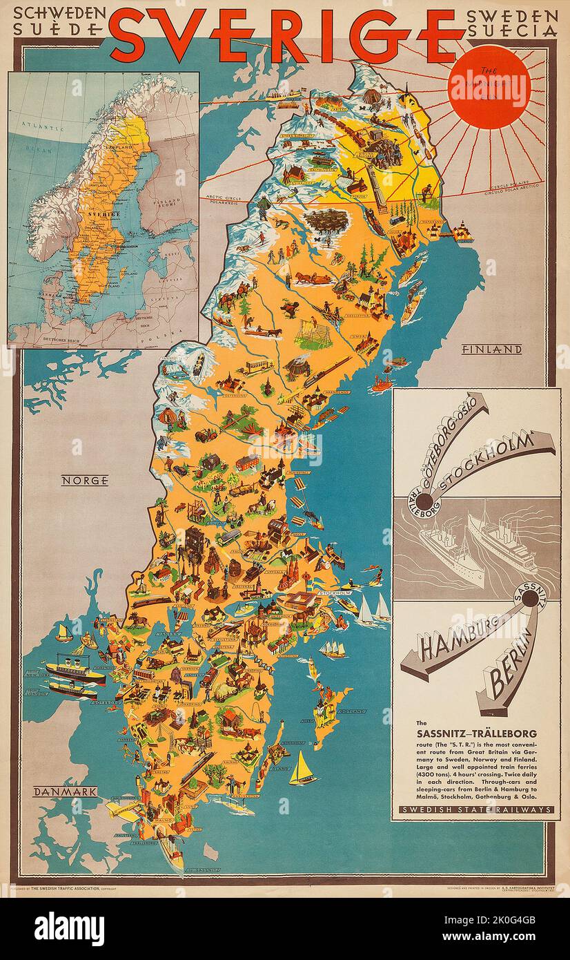SVERIGE - Sverigekarta - Swedish Map - Swedish State Railway 1931 Stock Photo