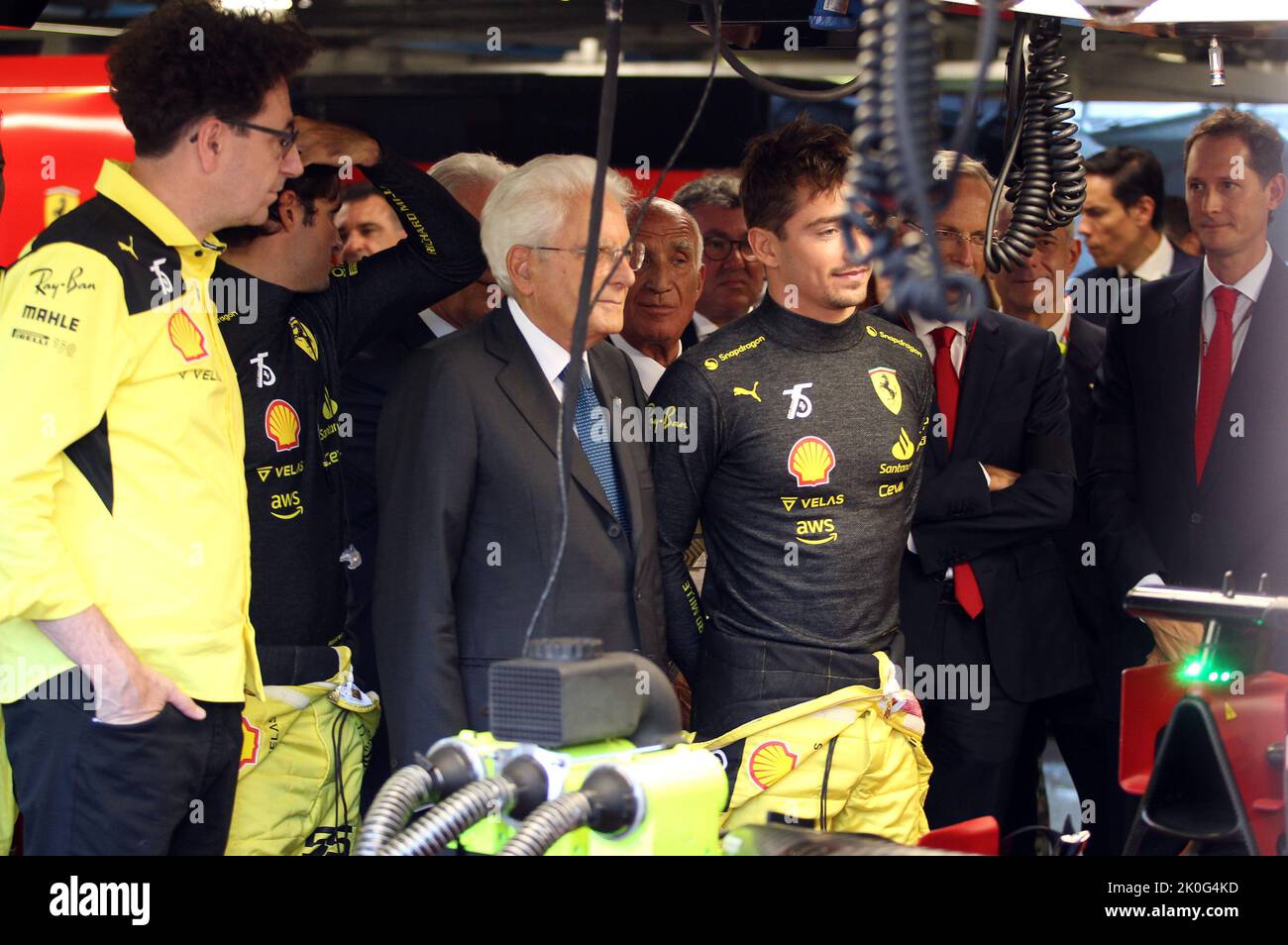 Monza, Italy. 11th Sep, 2022. MONZA, Italy, 11. September 2022; The President of the Italian Republic Sergio Mattarella visited the Ferrari F1 Garage to meet Charles LECLERC and has been guest of John ELKAN, Parco di Monza, Autodromo, Formula One, F1, Italian Grand Prix, Grosser Preis von Italien, GP d'Italie, Motorsport, Formel1, -Honorarpflichtiges Foto, Fee liable image, Copyright © Arthur THILL /ATP images Credit: SPP Sport Press Photo. /Alamy Live News Stock Photo