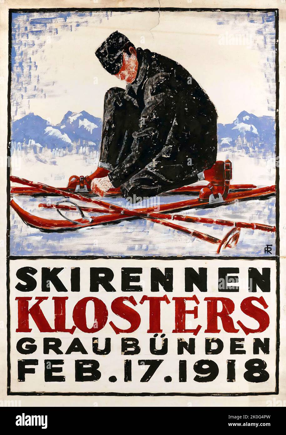 F.R. artwork - Skirace - SKIRENNEN KLOSTERS - Travel poster, Graubünden Feb 17 1918 Stock Photo