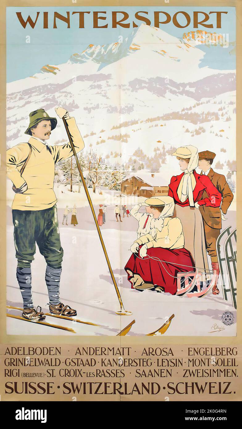 Carlo Pellegrini (1866-1937) WINTERSPORT, SWITZERLAND Schweiz, Suisse - Travel poster Stock Photo