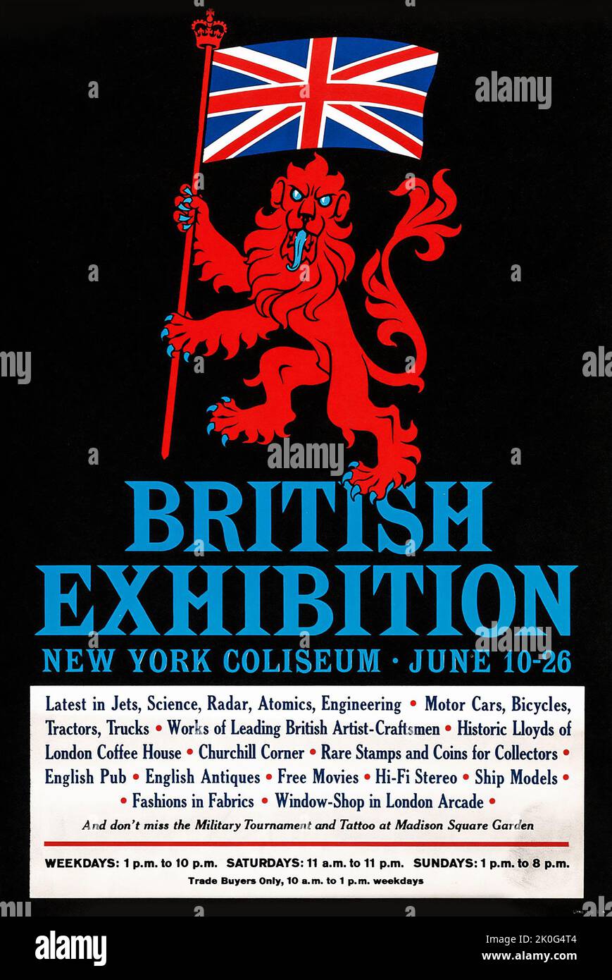 BRITISH EXHIBITION - British Trade Show Exhibition (June 1960). British Trade Fair Poster feat a lion holding the Union Jack. Stock Photo