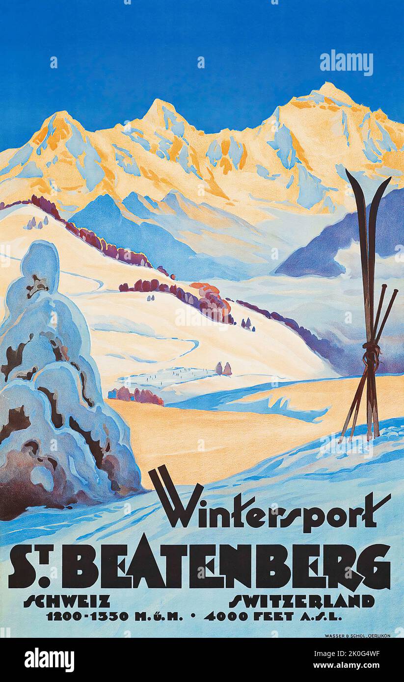 Anonymous artist - WINTERSPORT, ST. BEATENBERG c 1920 Schweiz, Suisse, Switzerland - Travel poster Stock Photo
