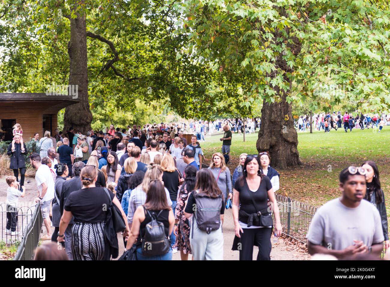 Large crowds in London Buckingham Palace and nearby parks Stock Photo