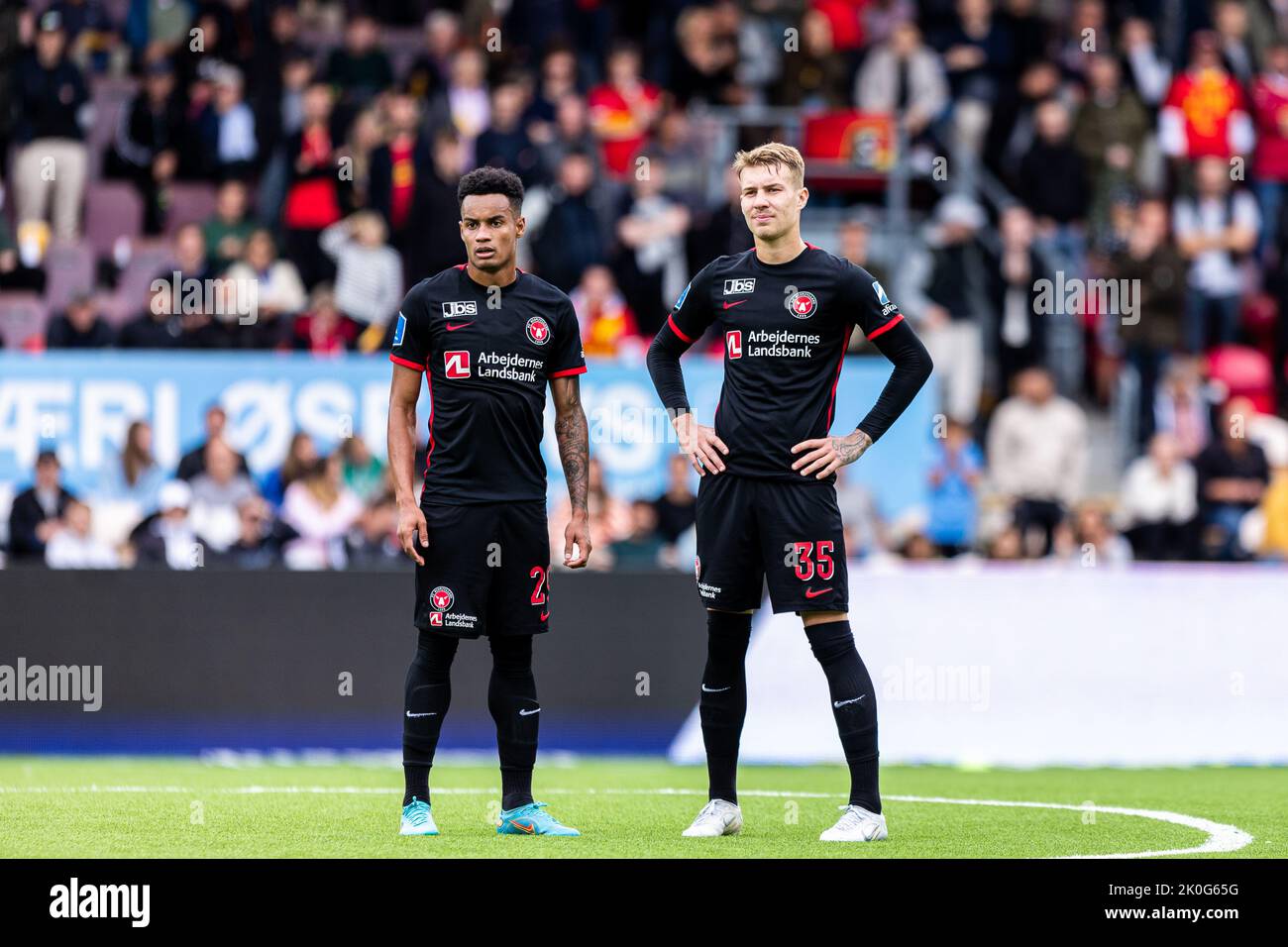 Farum, Denmark. 11th Sep, 2022. Paulinho (29) and Charles (35) of FC Midtjylland seen during the 3F Superliga match between FC Nordsjaelland and FC Midtjylland at Right to Dream Park in Farum. (Photo Credit: Gonzales Photo/Alamy Live News Stock Photo