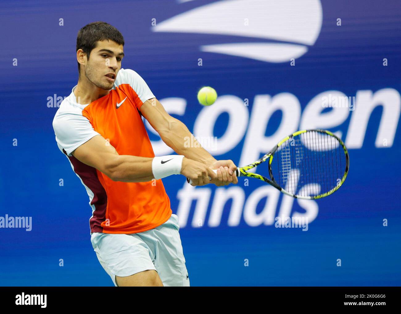 New York, USA, 11th. September 2022. Spanish tennis player Carlos Alcaraz in action during the Men’s Final of the  US  Open  Championships,Billie Jean King National Tennis Center on Sunday 11 September 2022. © Juergen Hasenkopf / Alamy Live News Stock Photo