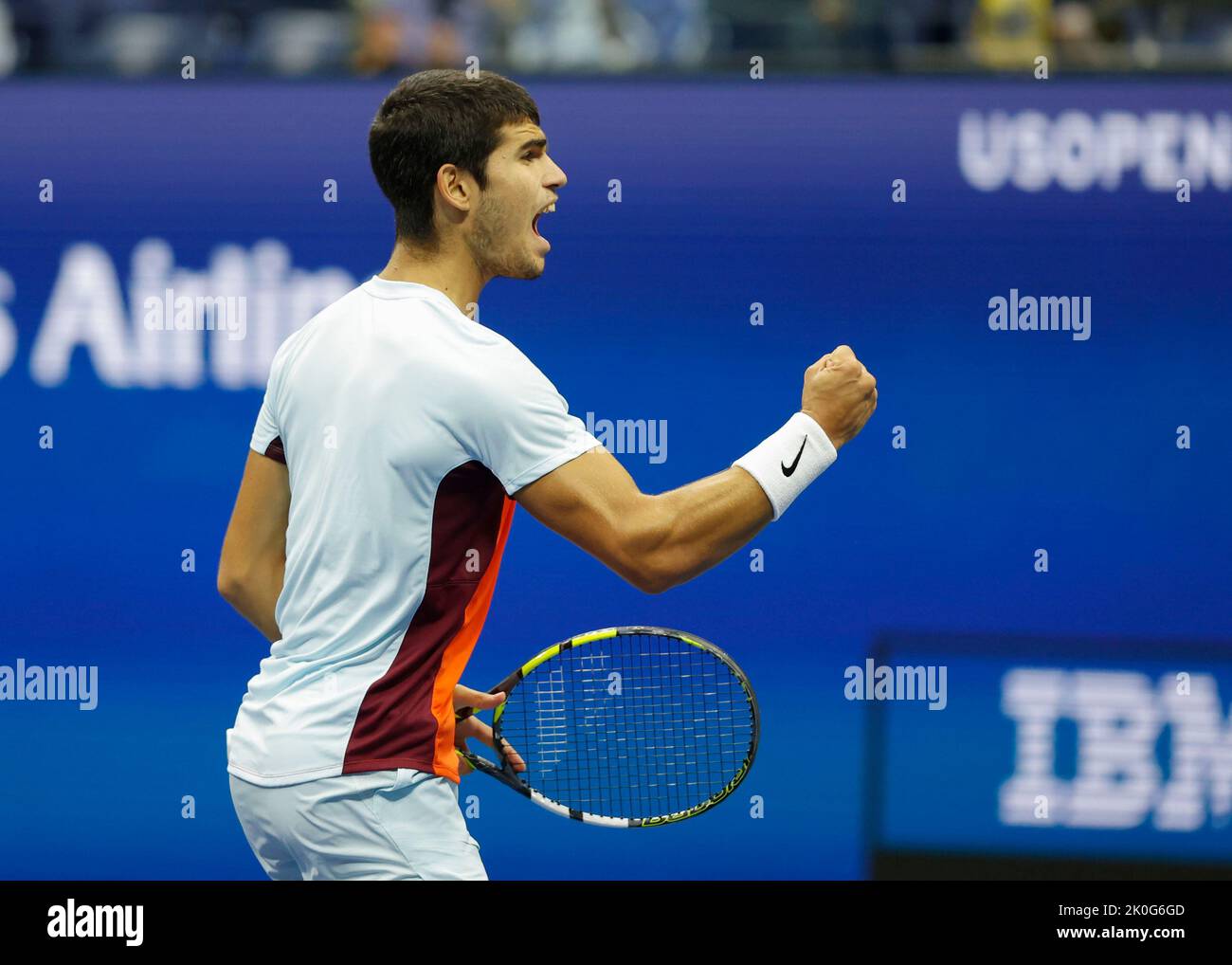 New York, USA, 11th. September 2022. Spanish tennis player Carlos Alcaraz celebrates during the MenÕs Final of the  US  Open  Championships,Billie Jean King National Tennis Center on Sunday 11 September 2022. © Juergen Hasenkopf / Alamy Live News Stock Photo