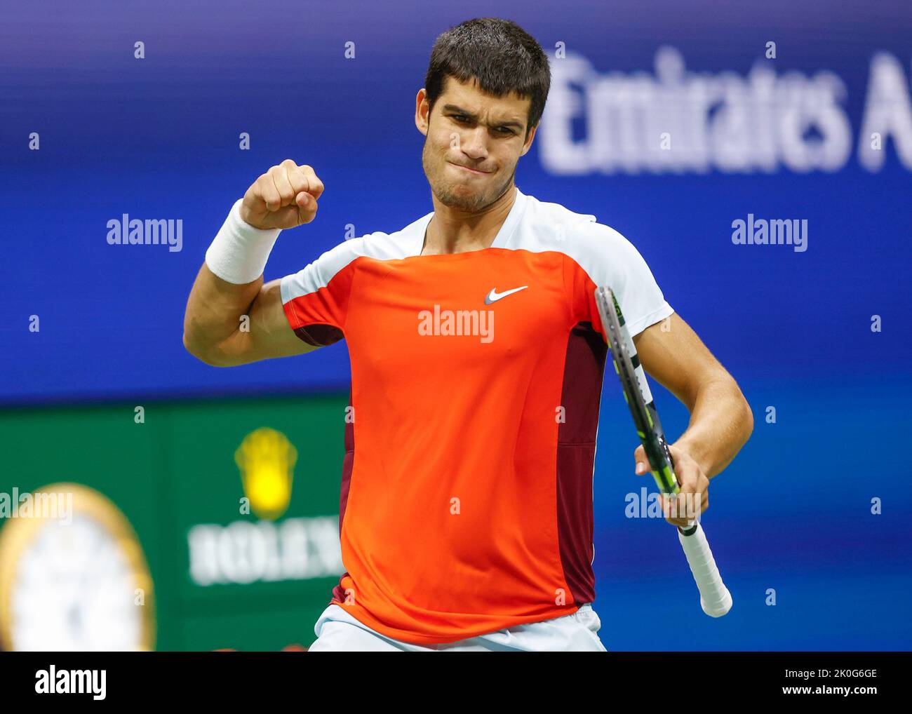 New York, USA, 11th. September 2022. Spanish tennis player Carlos Alcaraz reacts during the MenÕs Final of the  US  Open  Championships,Billie Jean King National Tennis Center on Sunday 11 September 2022. © Juergen Hasenkopf / Alamy Live News Stock Photo