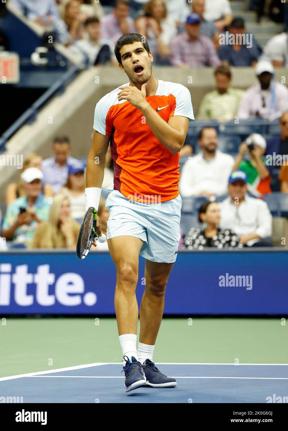 New York, USA, 11th. September 2022. Spanish tennis player Carlos Alcaraz reacts during the MenÕs Final of the  US  Open  Championships,Billie Jean King National Tennis Center on Sunday 11 September 2022. © Juergen Hasenkopf / Alamy Live News Stock Photo
