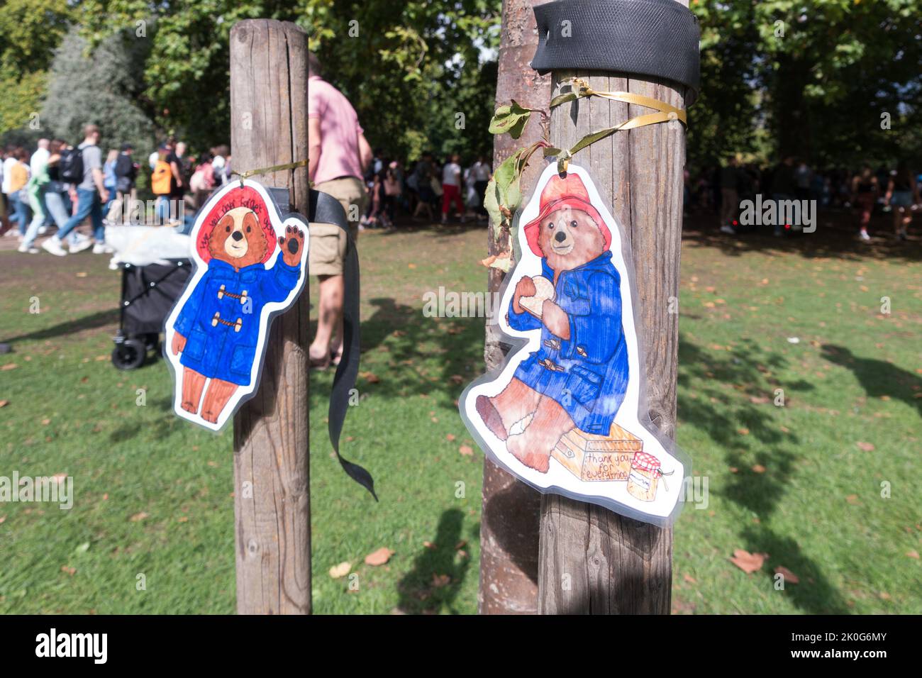 Paddington bear cut outs left in St.James park as tribute to queen Stock Photo