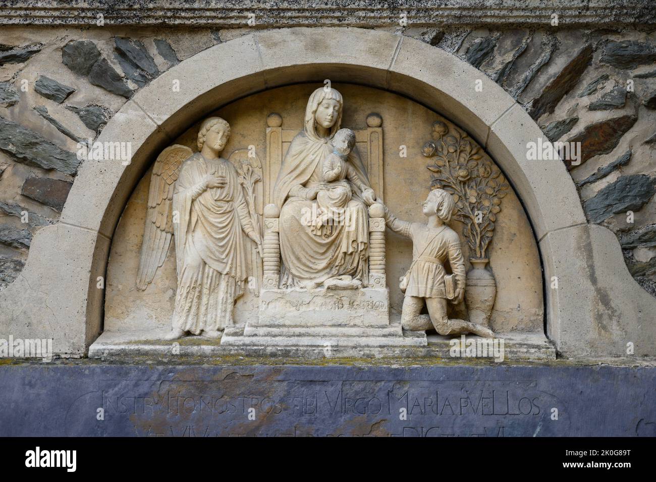 Sculpture of the Virgin Mary with Infant Jesus. Church of Saints Cosmas & Damian in Clervaux, Luxembourg. Stock Photo
