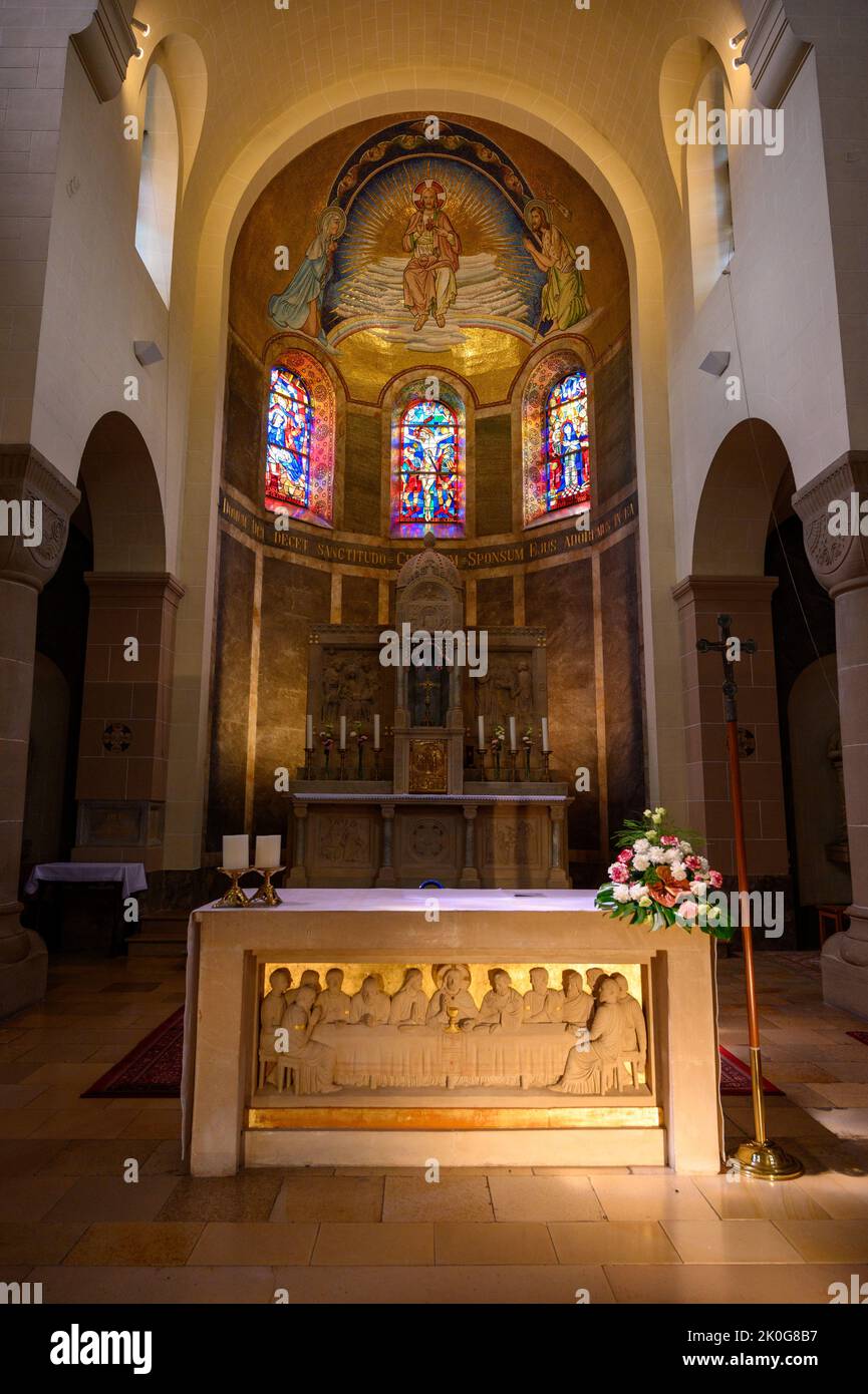 The chancel in the Church of Saints Cosmas & Damian in Clervaux, Luxembourg. Stock Photo