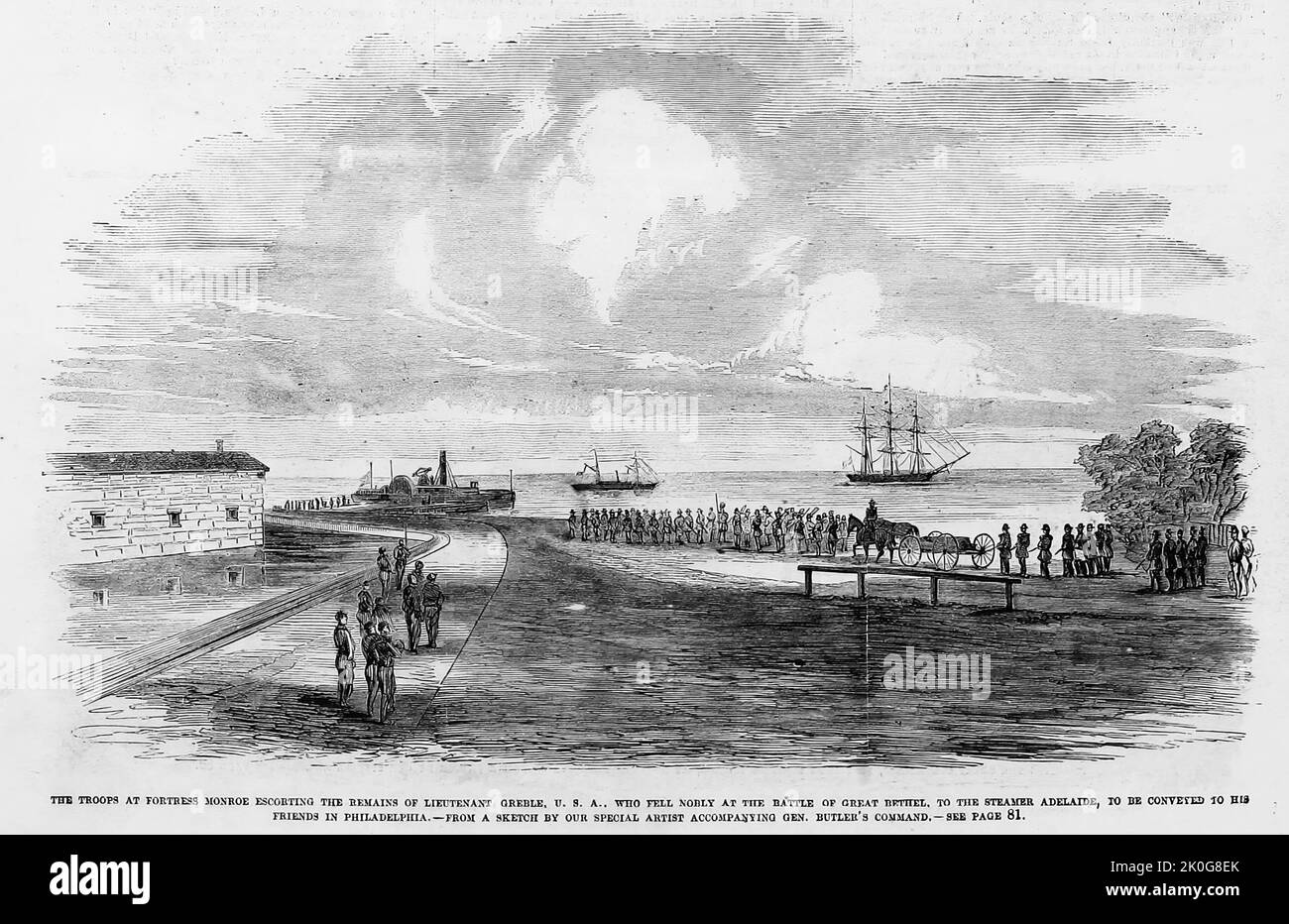 The troops at Fort Monroe, Virginia, escorting the remains of Lieutenant Greble, who fell nobly at the Battle of Great Bethel, to the steamer Adelaide, to be conveyed to his friends in Philadelphia, June 1861. 19th century American Civil War illustration from Frank Leslie's Illustrated Newspaper Stock Photo
