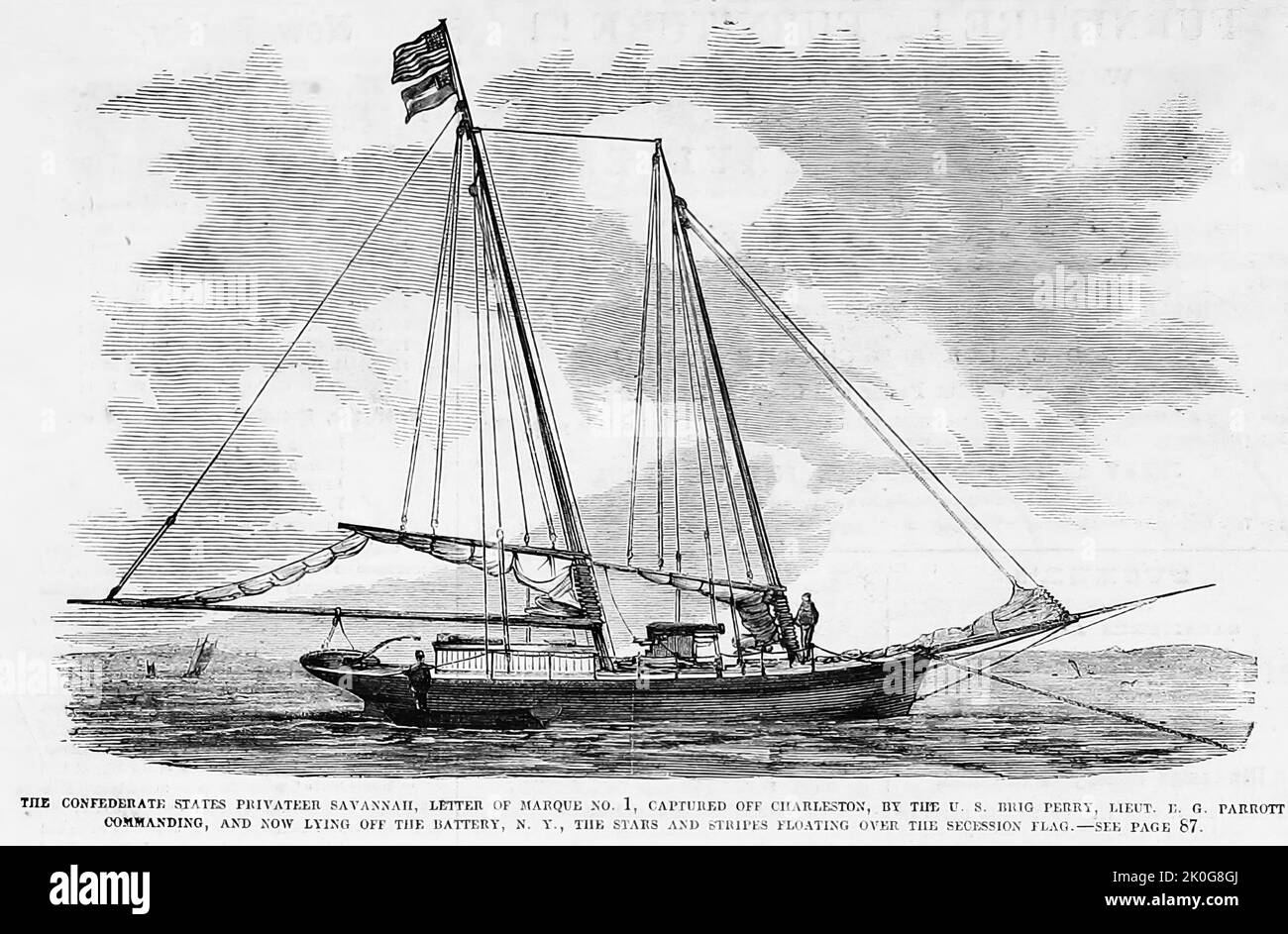 The Confederate States privateer Savannah, Letter of Marque No. 1, captured off Charleston, by the U.S. brig Perry, Lieutenant Parrott commanding, and now lying off the battery, New York, the Stars and Stripes floating over the Secession flag, June 1861. 19th century American Civil War illustration from Frank Leslie's Illustrated Newspaper Stock Photo