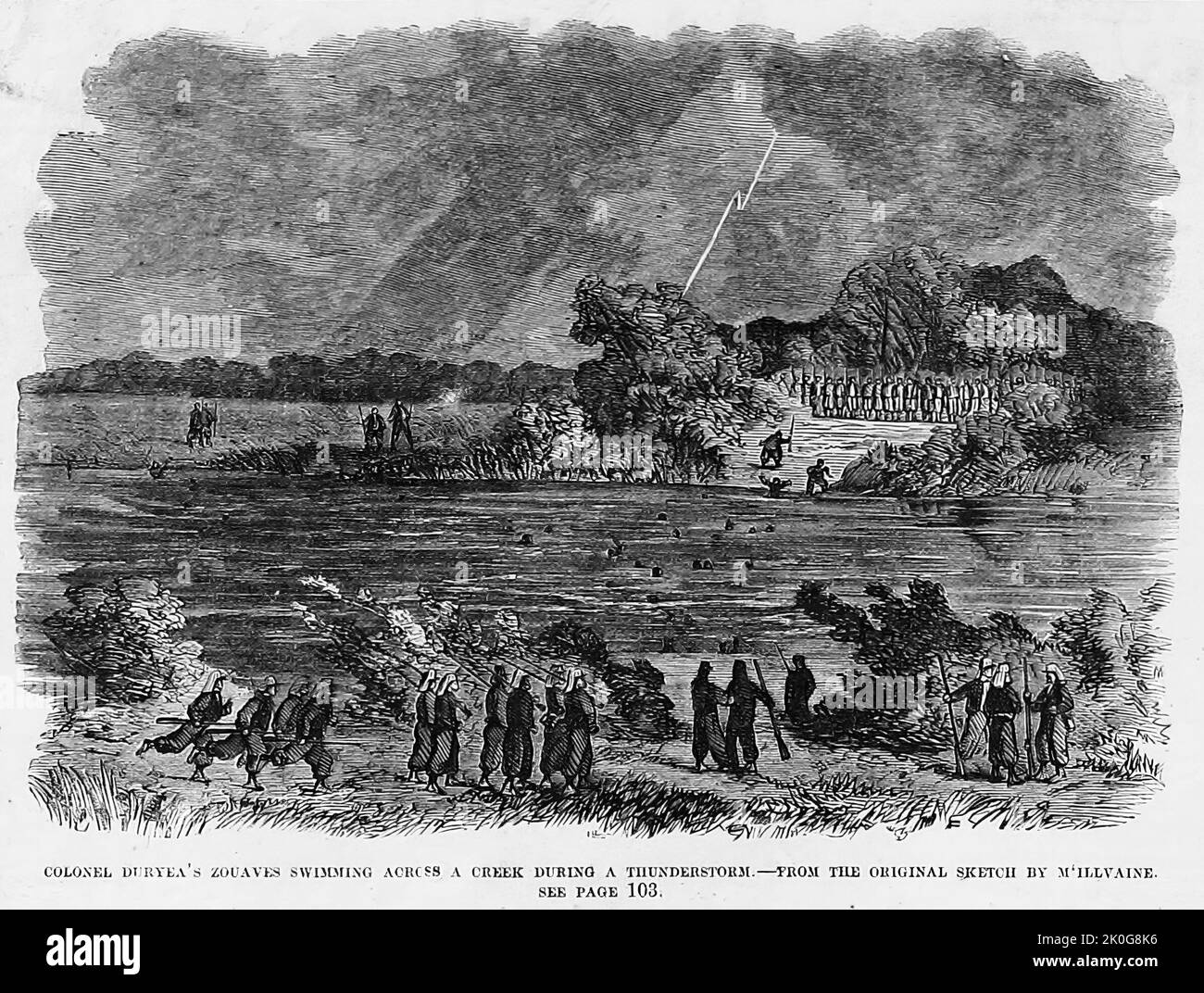 Colonel Duryea's Zouaves swimming across a creek during a thunderstorm