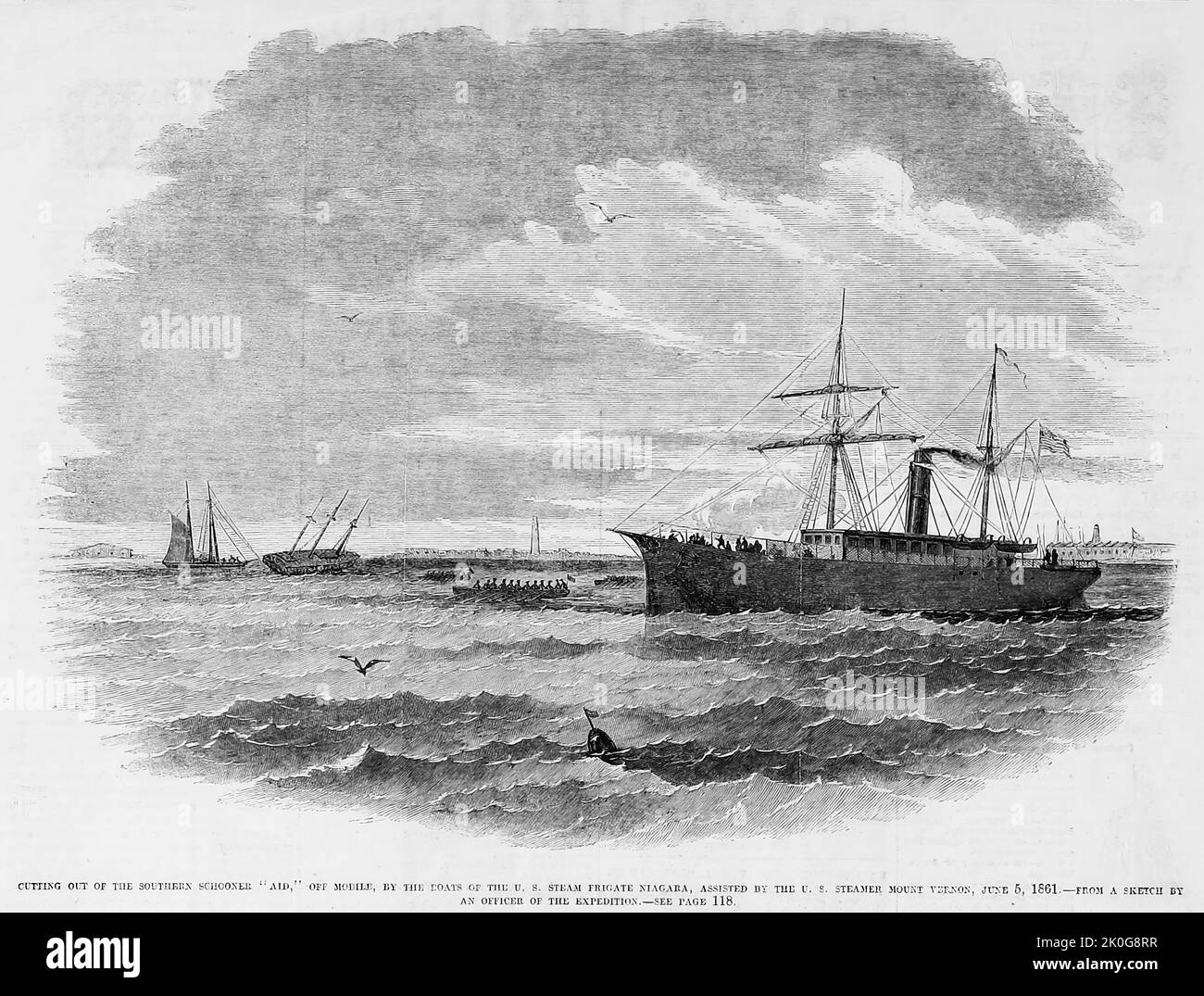 Cutting out of the Southern schooner 'Aid,' off Mobile, Alabama, by the boats of the U.S. steam frigate Niagara, assisted by the U.S. steamer Mount Vernon, June 5th, 1861. 19th century American Civil War illustration from Frank Leslie's Illustrated Newspaper Stock Photo