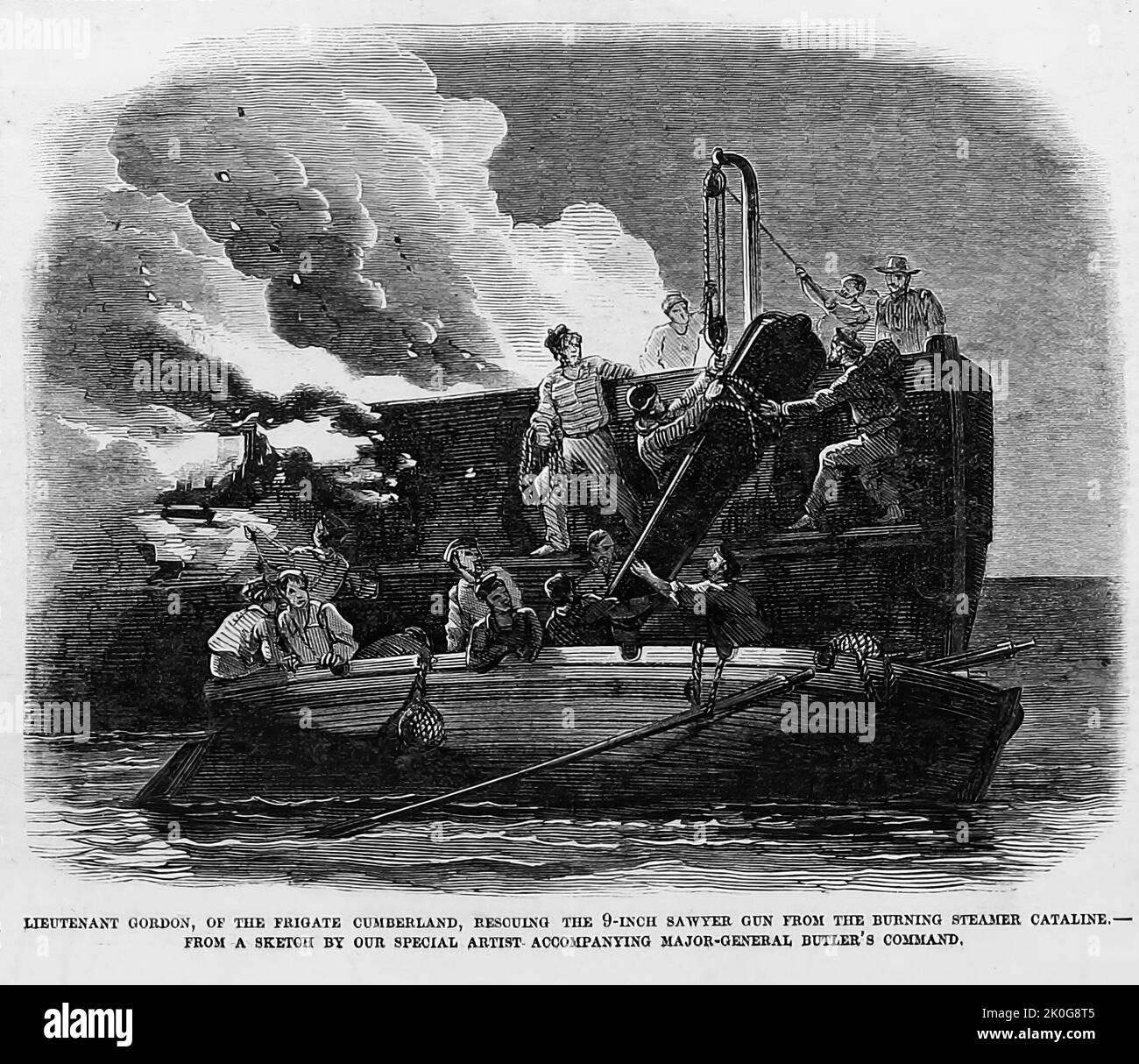 Lieutenant E. Gordon, of the frigate Cumberland, rescuing the 9-inch Sawyer Gun from the burning steamer Cataline, July 2nd, 1861. 19th century American Civil War illustration from Frank Leslie's Illustrated Newspaper Stock Photo
