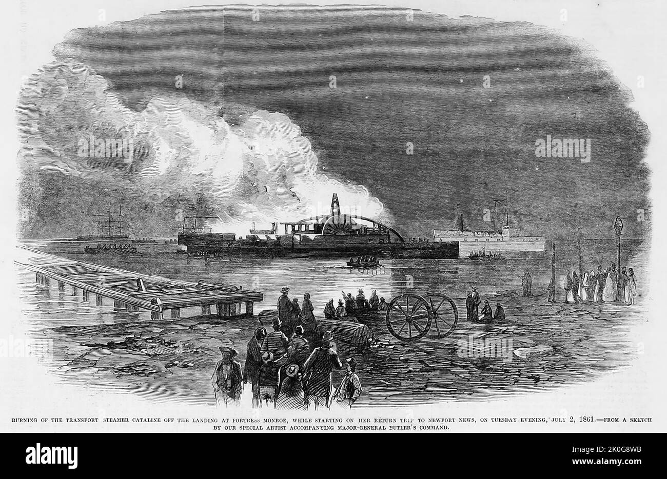 Burning of the transport steamer Cataline off the landing at Fort Monroe, while starting on her return trip to Newport News, Virginia, July 2nd, 1861. 19th century American Civil War illustration from Frank Leslie's Illustrated Newspaper Stock Photo