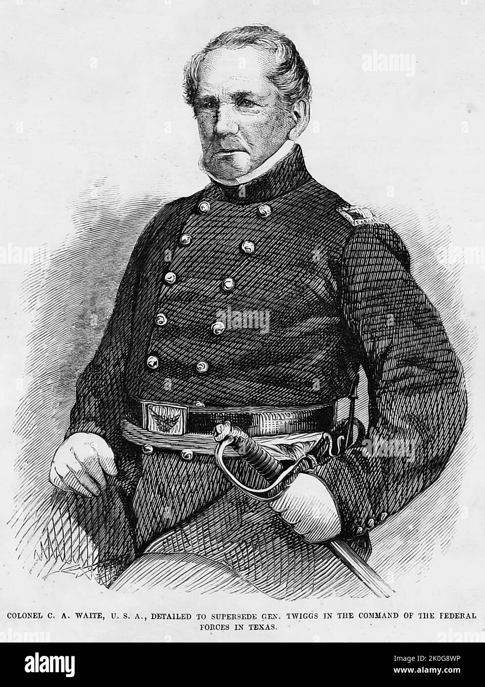 Portrait of Colonel Carlos Adolphus Waite, detailed to supersede General David Emanuel Twiggs in the command of the Federal forces in Texas. July 1861. 19th century American Civil War illustration from Frank Leslie's Illustrated Newspaper Stock Photo