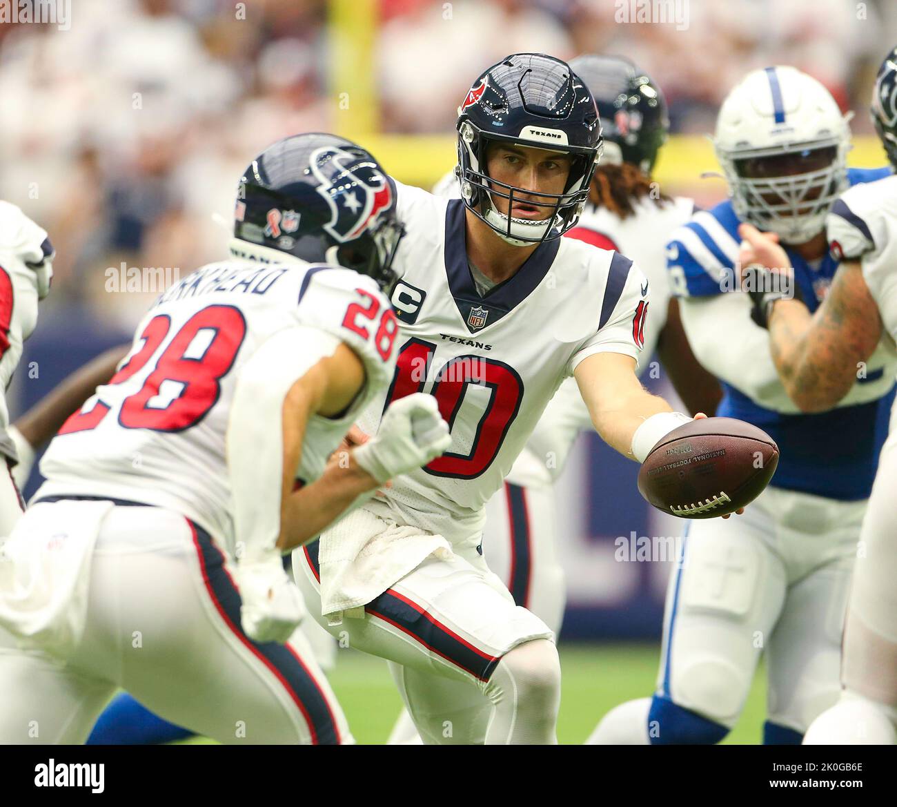 Houston, Texas, USA. January 1, 2023: Jaguars linebacker Josh Allen (41)  dislodges a would-be touchdown pass intended for Texans running back Rex  Burkhead (28) during an NFL game between the Houston Texans