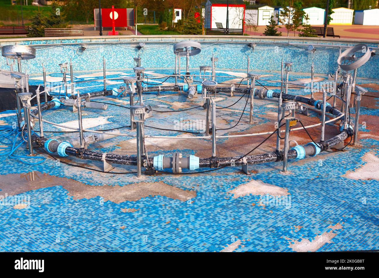 Fountain without water . Fountain pumping pipes equipment Stock Photo