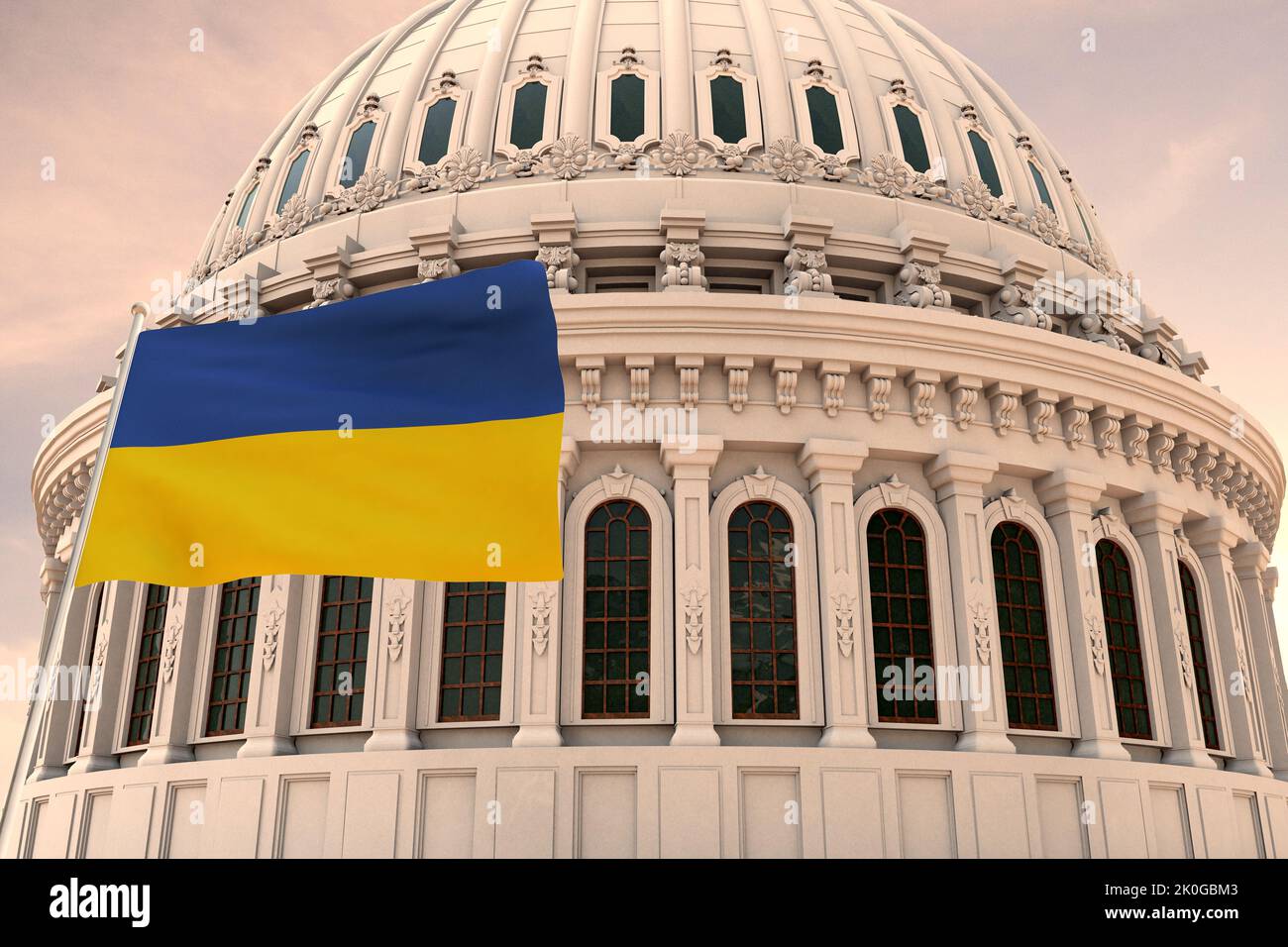 Beautiful flag of Ukraine waving with the strong wind and behind it the dome of the Capitol USA 3D RENDER, 3D RENDERING. Stock Photo