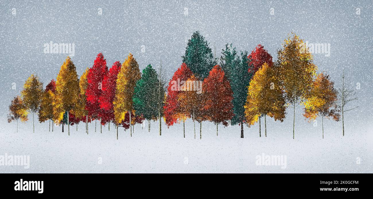 Colorful autumn trees are seen during an early season snowstorm in this 3-d illustration. Stock Photo