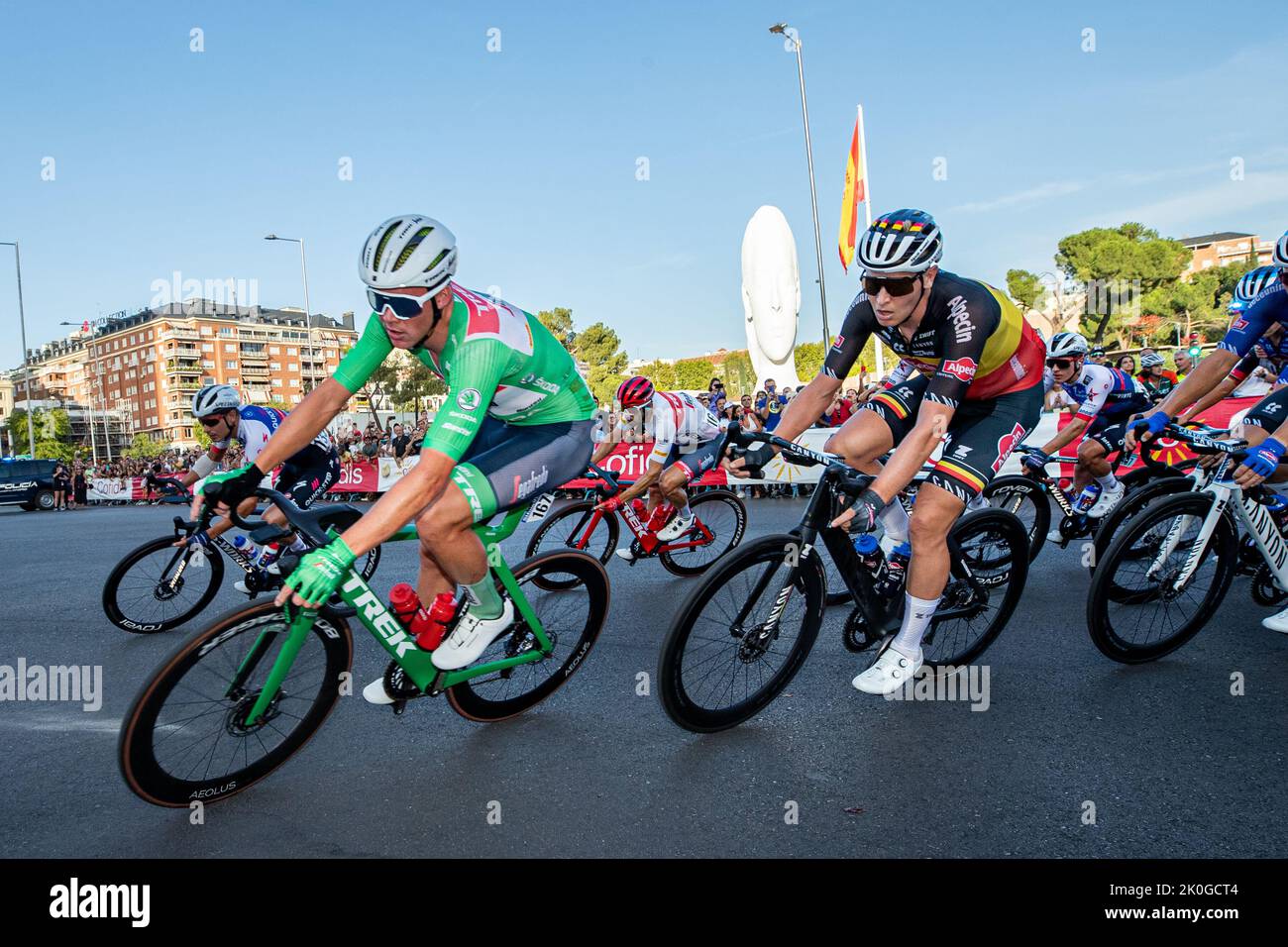 Danish Mads Pedersen of TrekSegafredo and Belgian Tim Merlier of