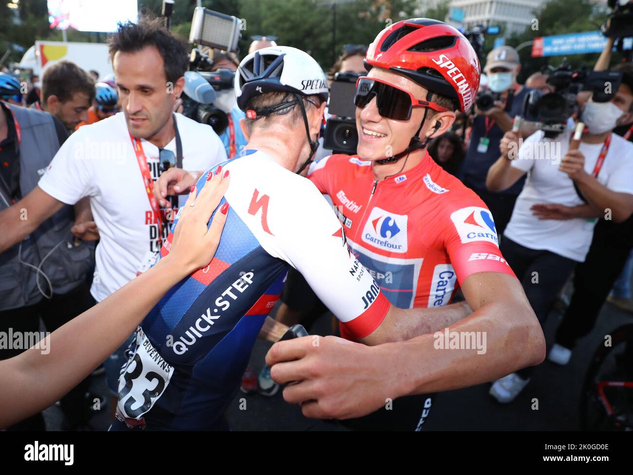Belgian Remco Evenepoel of Quick-Step Alpha Vinyl celebrates after winning the 2022 edition of the 'Vuelta a Espana', Tour of Spain cycling race, in Madrid, Spain, Sunday 11 September 2022. BELGA PHOTO DAVID PINTENS Stock Photo