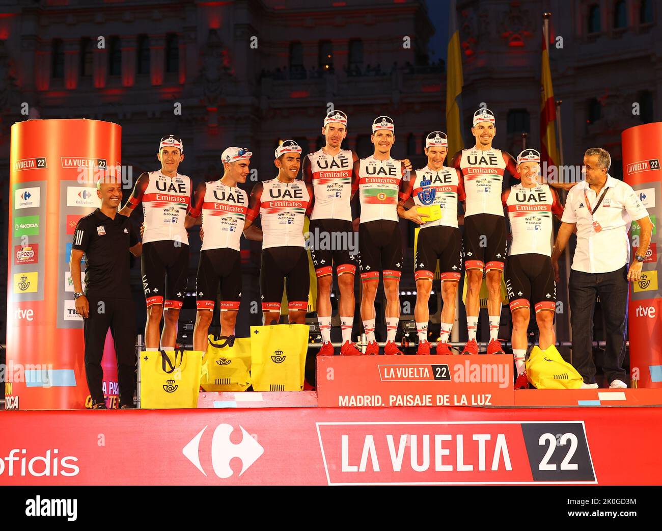 Best Team UAE Team Emirates pictured during the podium ceremony after