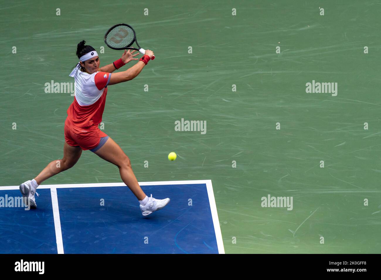 Ons Jabeur (TUN) competing in the women's final at the 2022 US Open ...