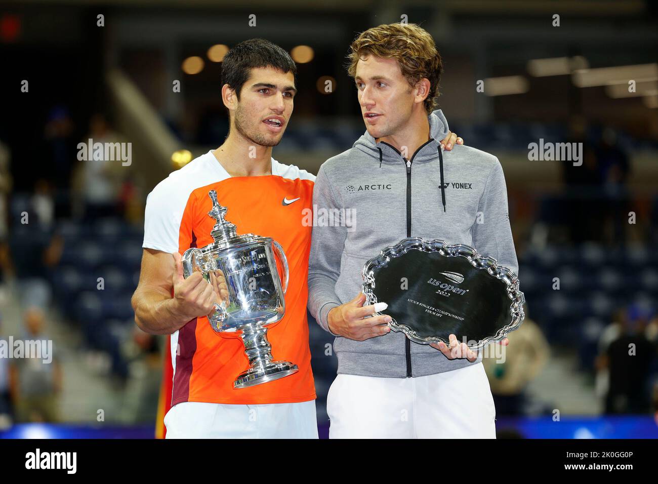New York, USA, 11th.September 2022.Runner-up Casper Ruud and Spanish tennis player Carlos Alcaraz during the Mens Final of the US  Open Championships trophy presentation, Billie Jean King National Tennis Center on Sunday 11September 2022. © Juergen Hasenkopf / Alamy Live News Stock Photo