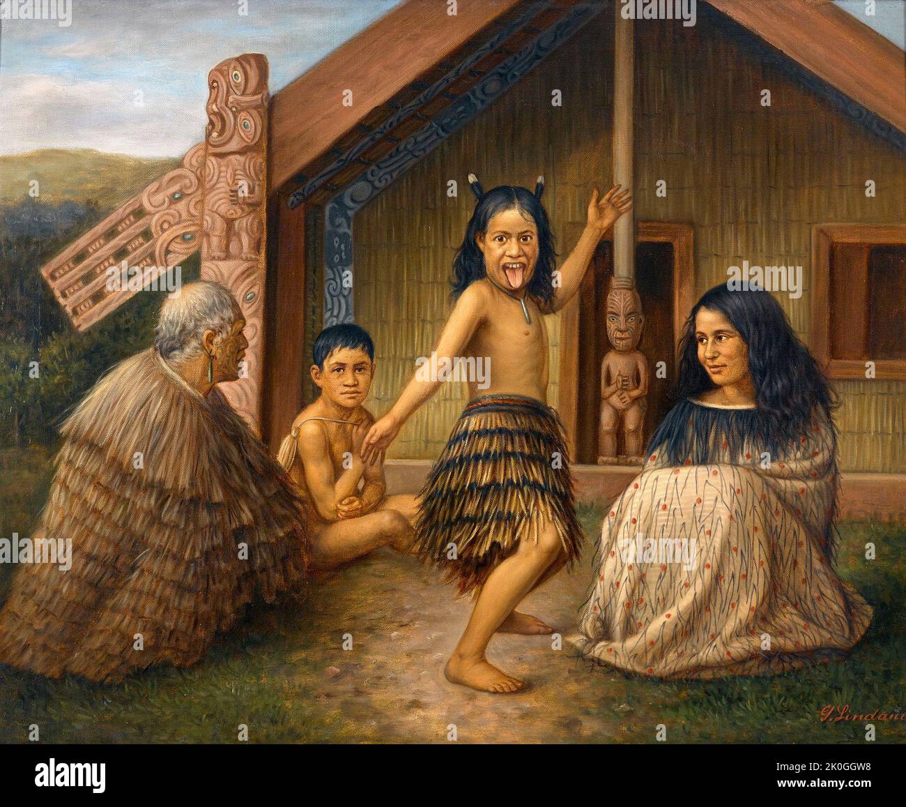 Maori girl learning the haka, by Gottfried Lindauer with oil on canvas. Stock Photo