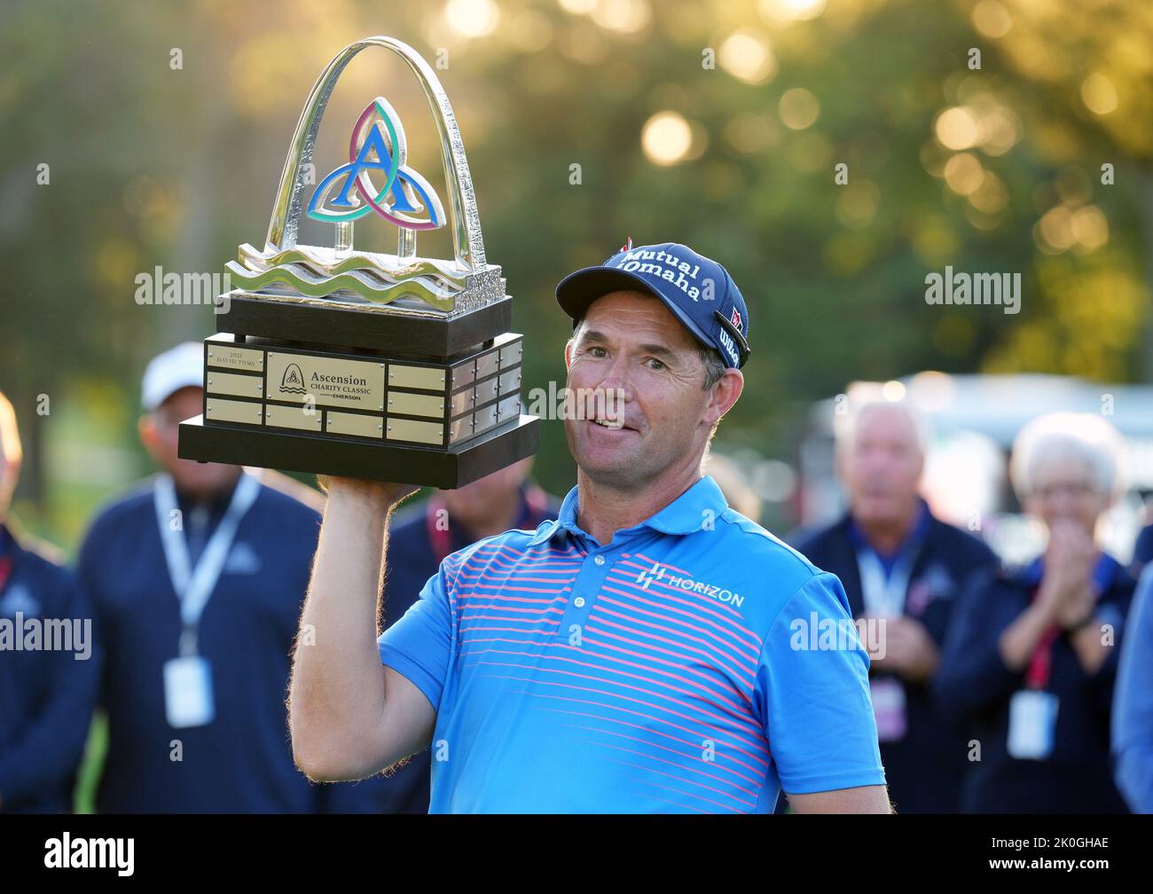 St. Louis, United States. 11th September, 2022. Golfer Padraig Harrington hoists his trophy after winning the Ascension Charity Classic at Norwood Hills Country Club in St. Louis on Sunday, September 11, 2022. Photo by Bill Greenblatt/UPI Credit: UPI/Alamy Live News Stock Photo