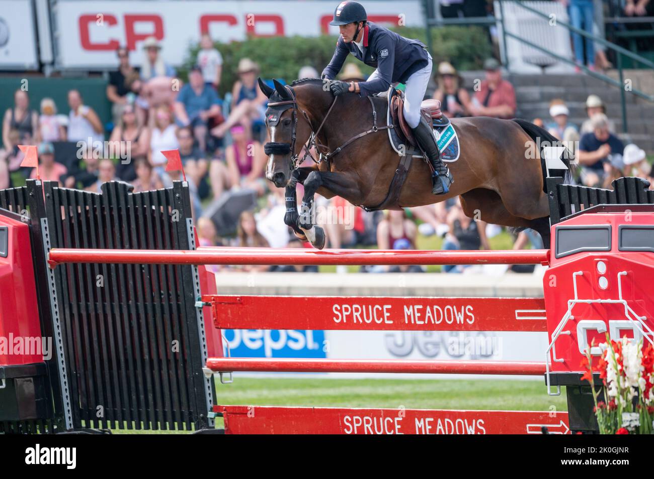 Calgary, Alberta, Canada, 11 September 2022. Kevin Staut (FRA) riding Visconti du Telman, CSIO Spruce Meadows Masters, - CP Grand Prix: Credit Peter Llewellyn/Alamy Live News Stock Photo