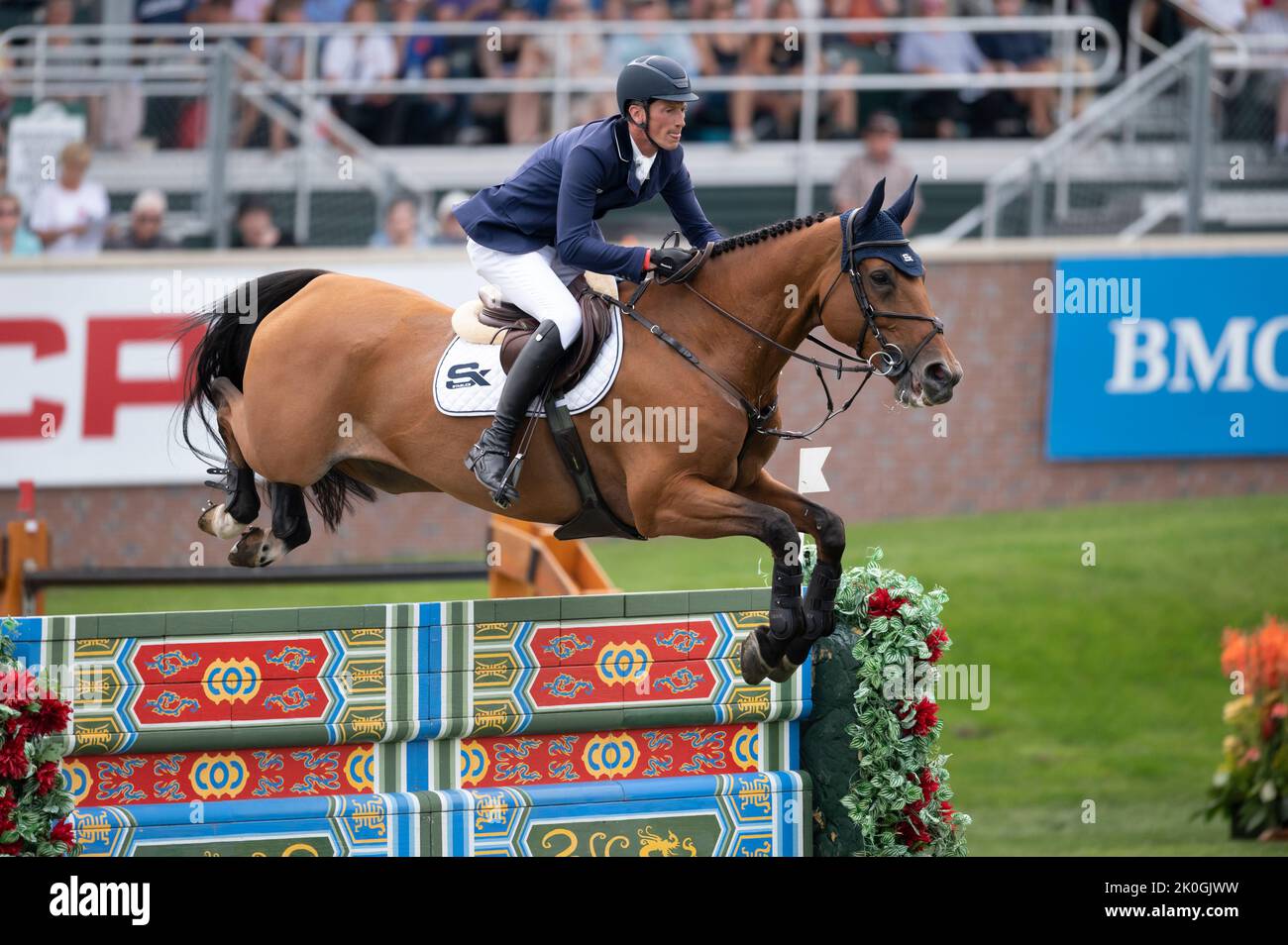 Calgary, Alberta, Canada, 11 September 2022. Daniel Deusser (GER) riding Killer Queen VDM to first place, CSIO Spruce Meadows Masters, - CP Grand Prix: Credit Peter Llewellyn/Alamy Live News Stock Photo