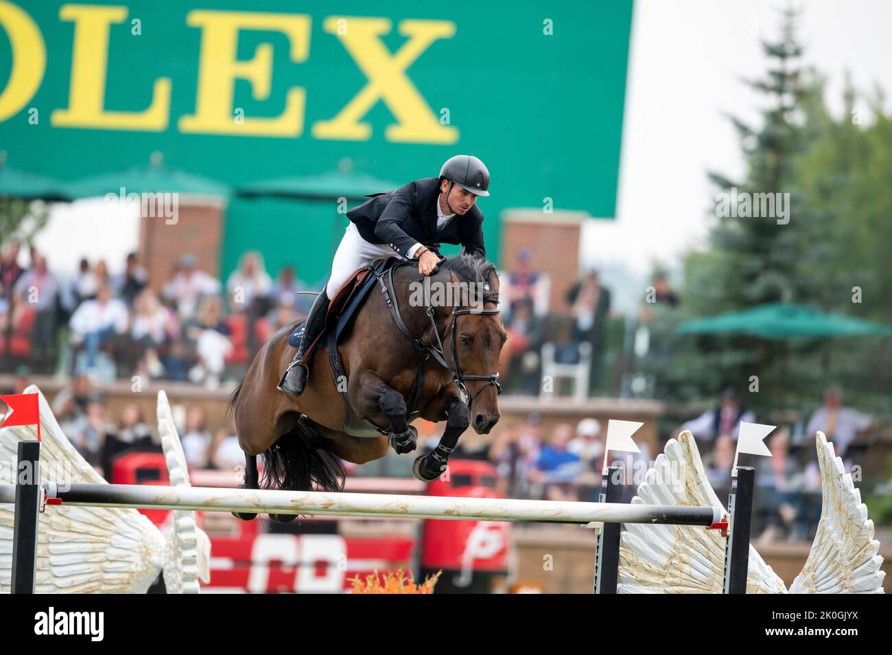 Calgary, Alberta, Canada, 11 September 2022. Steve Guerdat (SUI) riding Venard de Cerisy to first place, CSIO Spruce Meadows Masters, - CP Grand Prix: Credit Peter Llewellyn/Alamy Live News Stock Photo