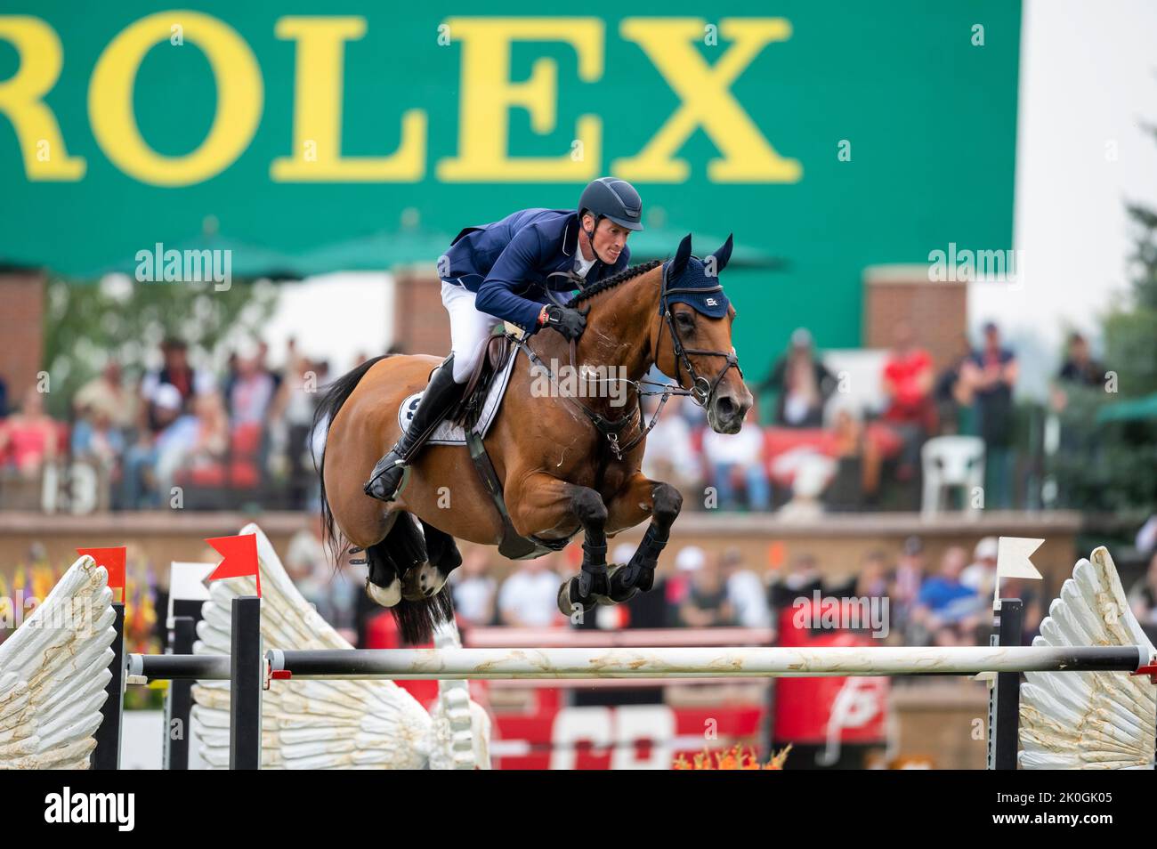 Calgary, Alberta, Canada, 11 September 2022. Daniel Deusser (GER) riding Killer Queen VDM to first place, CSIO Spruce Meadows Masters, - CP Grand Prix: Credit Peter Llewellyn/Alamy Live News Stock Photo