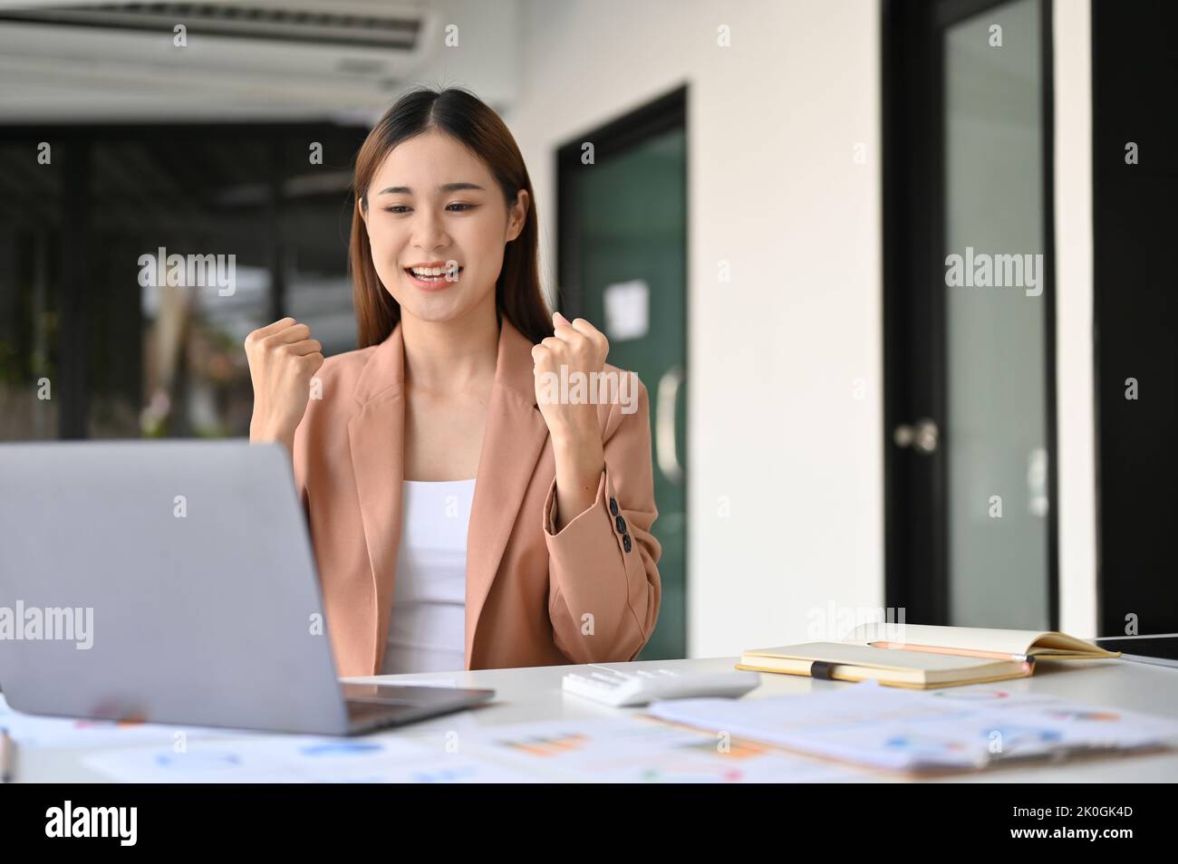Beautiful young Asian businesswoman celebrates her success at the ...