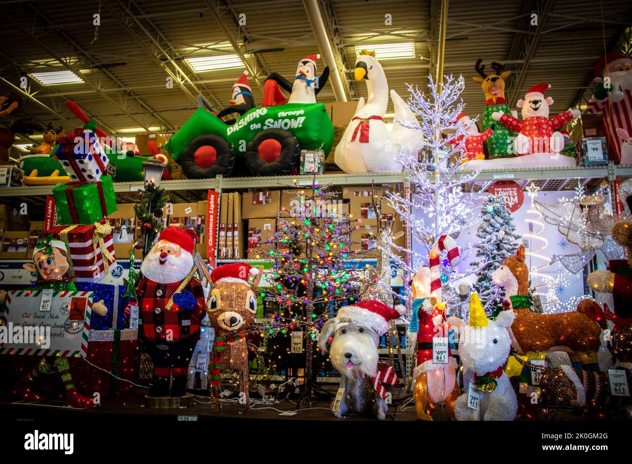 11-3-2019 Tulsa USA Shelves of blow-up outdoor Christmas ornaments with sparkly lights for sale Stock Photo